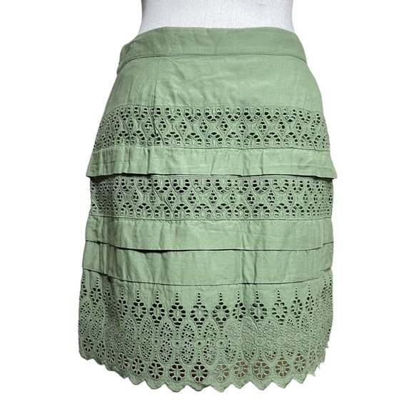 Eyelet Layered Mini Skirt 4 Miniskirt Sage Green Embroidered Broderie Scalloped - Picture 3 of 12